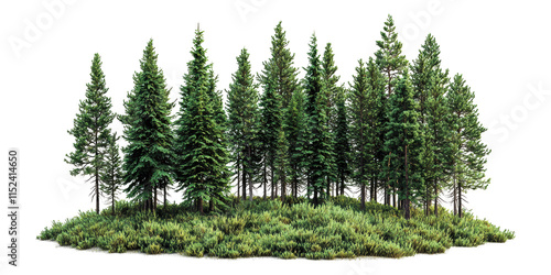 Evergreen forest trees with shrubs isolated on transparent background