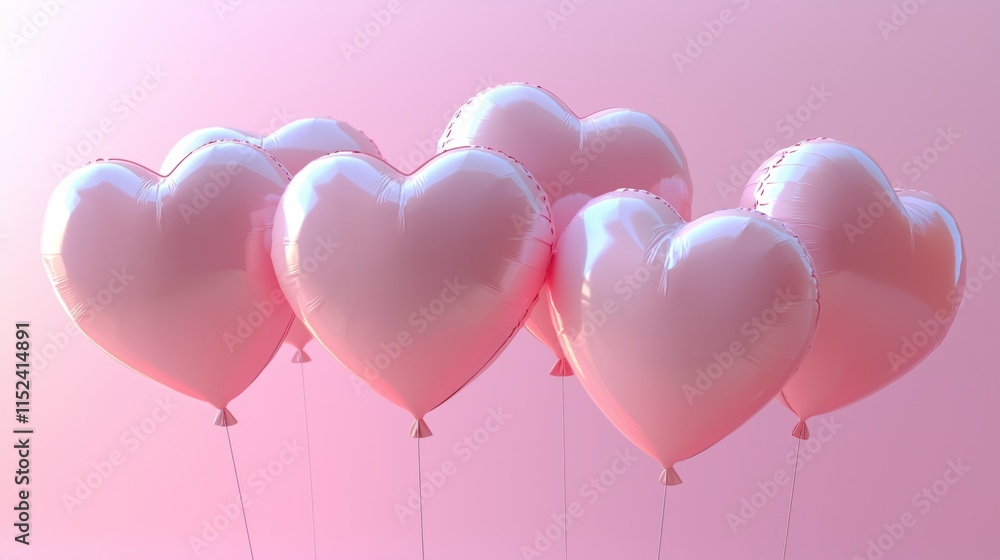 Five floating pink balloons heart shape on a pink background. Valentine's Day. Five floating pink balloons heart shape on a pink background. Valentine's Day.