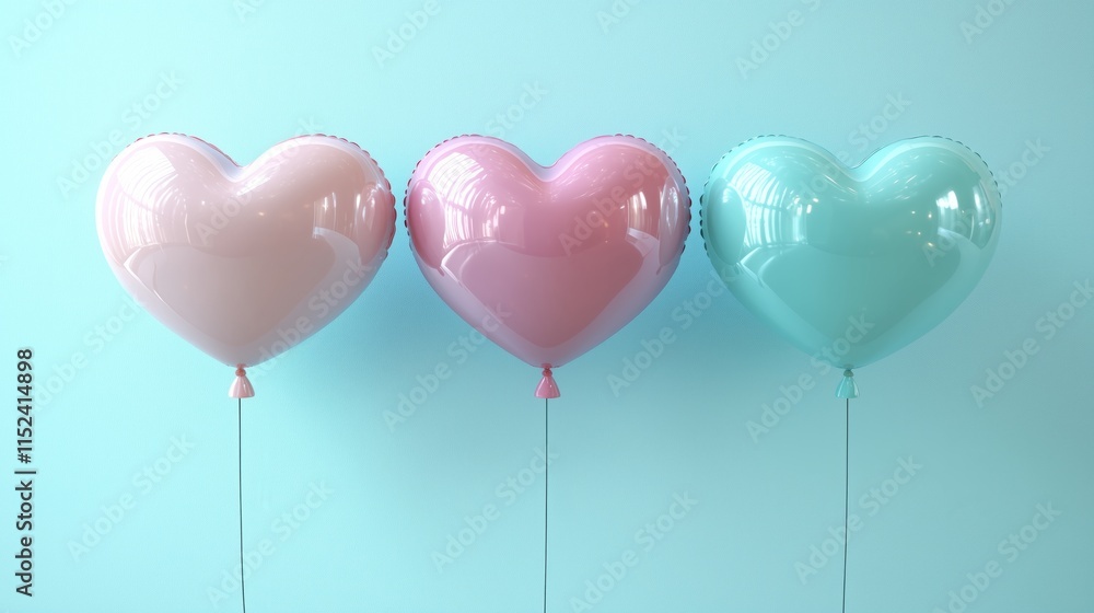 Three colorful floating pastel balloons heart shape. Valentine's Day. Birthday Three colorful floating pastel balloons heart shape. Valentine's Day. Birthday