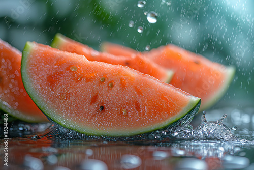 Fresh watermelon slices glisten under falling droplets in a vibrant summer setting. Generative AI photo