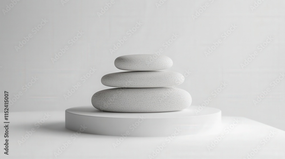 three smooth rocks stacked on a white pedestal three smooth rocks stacked on a white pedestal