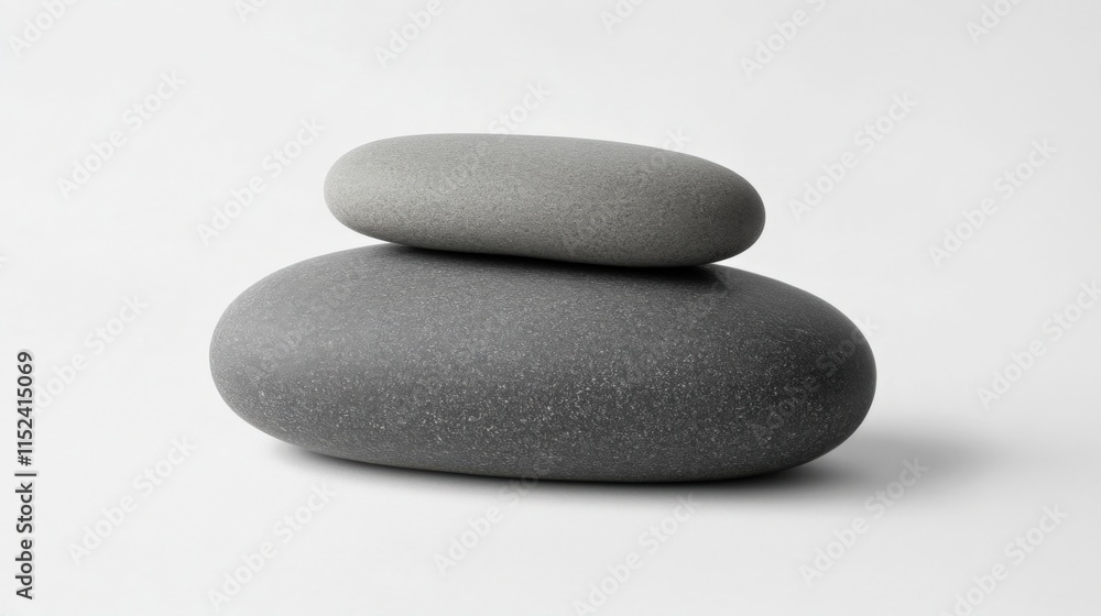 two smooth gray stones stacked on a white surface two smooth gray stones stacked on a white surface