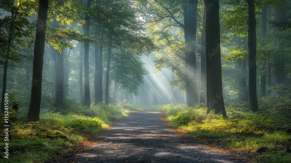 Fototapeta premium Misty forest path lined with tall trees, dappled sunlight filtering through leaves, inviting exploration.