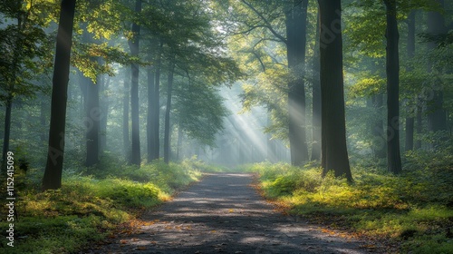 Misty forest path lined with tall trees, dappled sunlight filtering through leaves, inviting exploration.