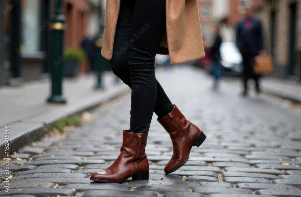stylish brown leather boots on cobblestone city street. urban fashion concept and seasonal promotion, trendy shoes stylish brown leather boots on cobblestone city street. urban fashion concept and seasonal promotion, trendy shoes