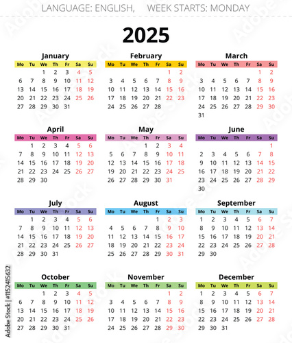 2025 year english calendar with multi colors. Vector illustration photo