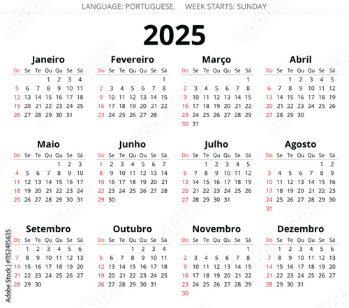 PORTUGUESE calendar for 2025 year. Vector illustration in for Portugal. Week starts sunday