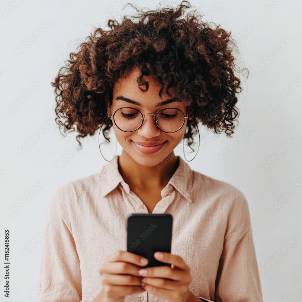 woman using a phone with light pink shirt