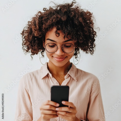 Wallpaper Mural woman using a phone with light pink shirt Torontodigital.ca