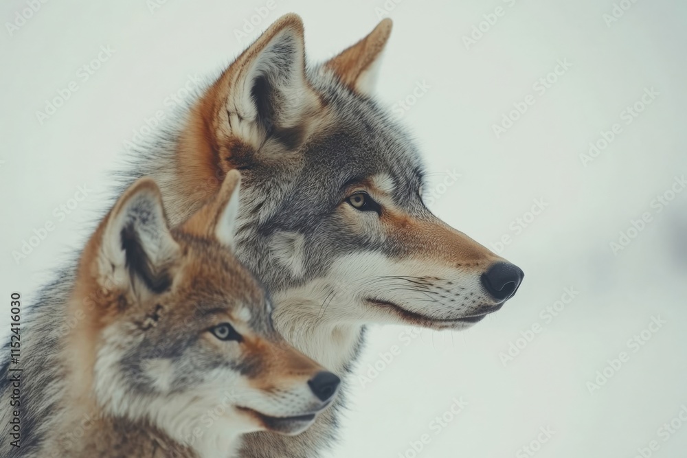 two wolves are standing close together in winter two wolves are standing close together in winter