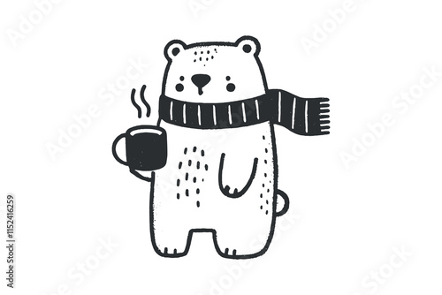 Minimalistic hand drawn bear holding a coffee cup in bold black lines