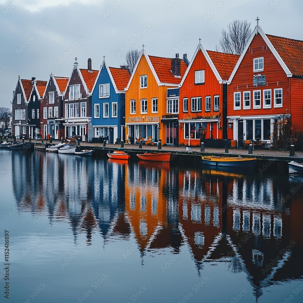 Naklejka premium volendam harbor with colorful houses