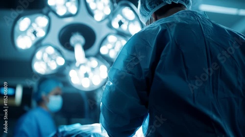 In a modern operating room, a dedicated surgical team focuses on a complex procedure. The environment is sterile, with advanced medical equipment and bright lights aiding the process.