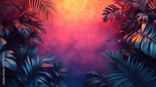 Vivid tropical sunset with vibrant gradients of coral, tangerine, and plum hues. Framed by lush tropical foliage, evoking a serene and exotic evening atmosphere in paradise.