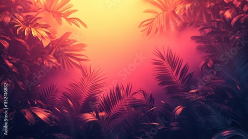 Vivid tropical sunset with vibrant gradients of coral, tangerine, and plum hues. Framed by lush tropical foliage, evoking a serene and exotic evening atmosphere in paradise.