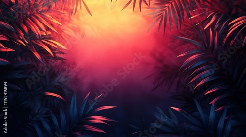 Vivid tropical sunset with vibrant gradients of coral, tangerine, and plum hues. Framed by lush tropical foliage, evoking a serene and exotic evening atmosphere in paradise.