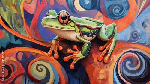 a green tree frog with orange toes on a painted background photo