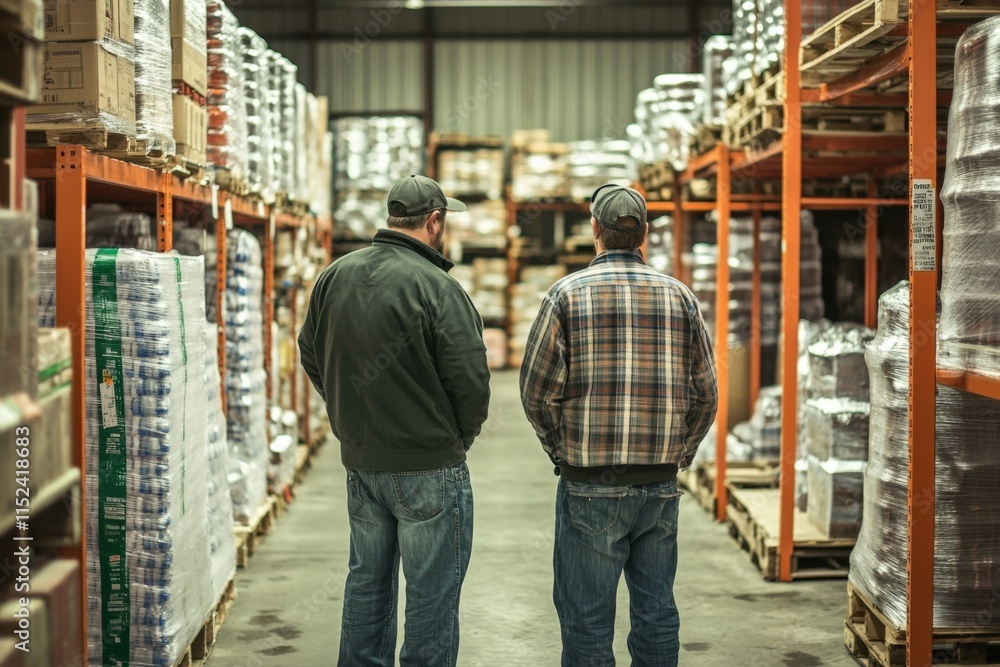 two men stand in a warehouse two men stand in a warehouse