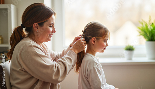 Mother braiding daughter's hair in cozy indoor setting by the window