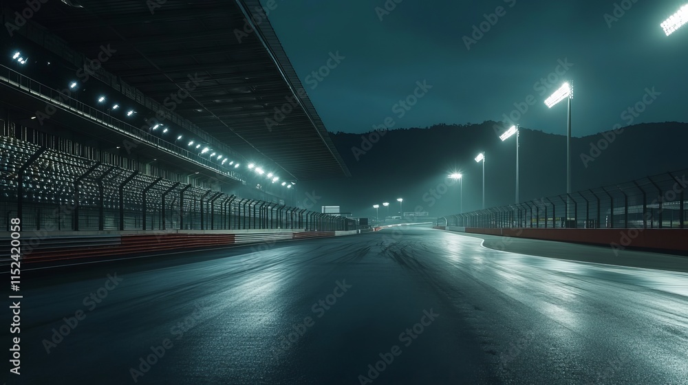 A desolate racetrack under the cloak of night, its asphalt ribbon winding through empty grandstands. The absence of spectators underscores the thrill of the solitary race A desolate racetrack under the cloak of night, its asphalt ribbon winding through empty grandstands. The absence of spectators underscores the thrill of the solitary race