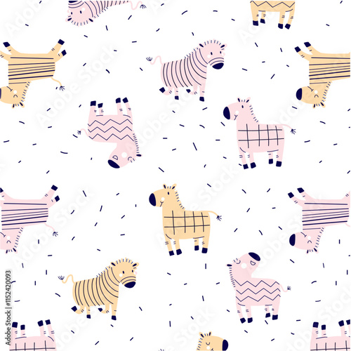 Cute Zebras and horses in meadow pattern