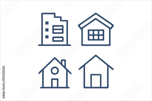 Web home icon set for websites and apps. Simple house symbol. Flat real estate sign. Main page pictogram in filled, thin line, outline and stroke style. Isolated illustration.