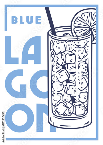 Refreshing blue lagoon cocktail is being served in a highball glass filled with ice cubes, a slice of lemon, and a straw, offering a cool and inviting beverage