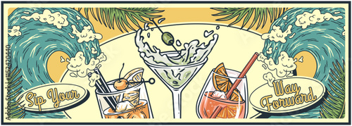 Refreshing cocktails with ice and fruit are splashing under palm trees by stylized ocean waves, evoking a summer beach vacation vibe with a vintage touch