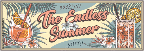 Two refreshing aperol spritz cocktails with ice, orange and lemon slices are framed by exotic flowers and palm leaves in this vintage illustration advertising an endless summer party