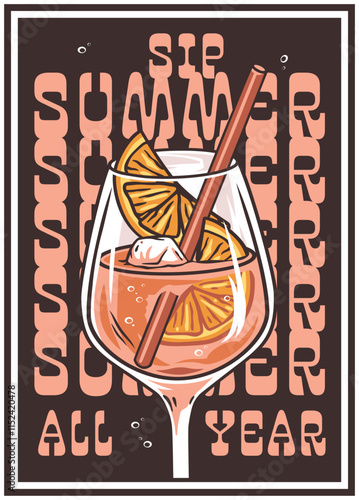 Refreshing aperol spritz cocktail in a wine glass, garnished with orange slices, ice cubes, and a straw, invites you to enjoy summer vibes all year round with its vibrant colors and cool appeal