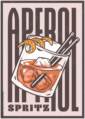 Refreshing aperol spritz cocktail featuring ice cubes and an orange peel garnish, complemented by colorful straws, set against a backdrop of bold, stylized typography for a vibrant summer vibe