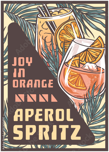 Two refreshing orange aperol spritz cocktails are depicted in a vibrant poster, adorned with palm leaves, evoking a tropical and festive atmosphere, perfect for summer promotions