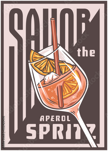 Vibrant illustration showcasing a aperol spritz cocktail, complete with orange slices, ice, and a straw, invites viewers to savor the refreshing italian aperitivo