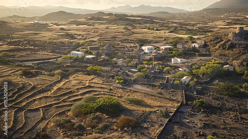 Stunning panoramic view of pantelleria s unique dammusi against serene hills and earthy tones photo