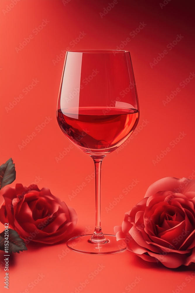 Glass of rose wine and some roses on a red background Glass of rose wine and some roses on a red background