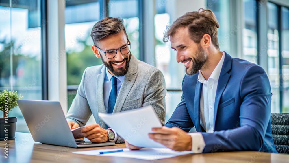 © engincan - Two busy happy diverse male employees checking documents talking in office. Professional young business man manager financial advisor consulting client having conversation sitting at work meeting.