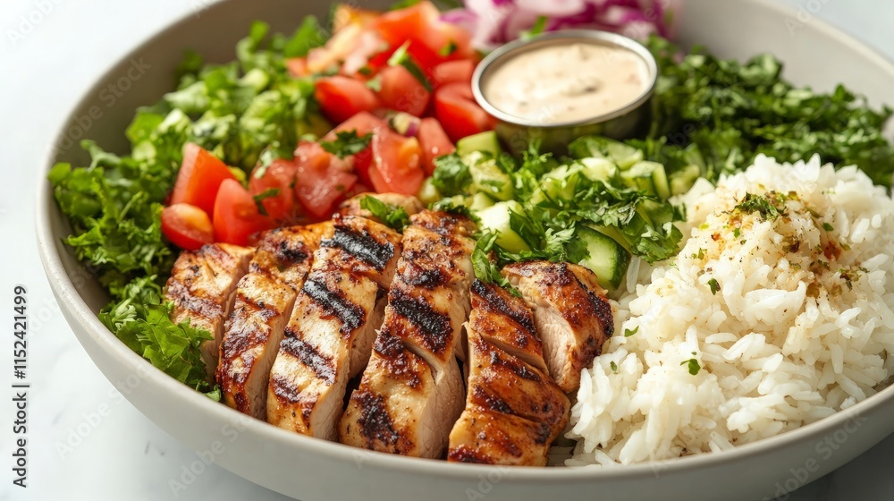 A shawarma platter with grilled chicken, rice, and a side of fresh salad and garlic sauce. A shawarma platter with grilled chicken, rice, and a side of fresh salad and garlic sauce.