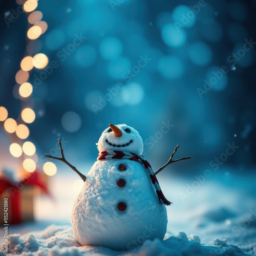 Cheerful snowman, twinkling bokeh lights, snowy winter scene, festive atmosphere, shallow depth of field, blue tones, cozy holiday mood, nighttime ambiance, soft focus background, magical winter wonde photo