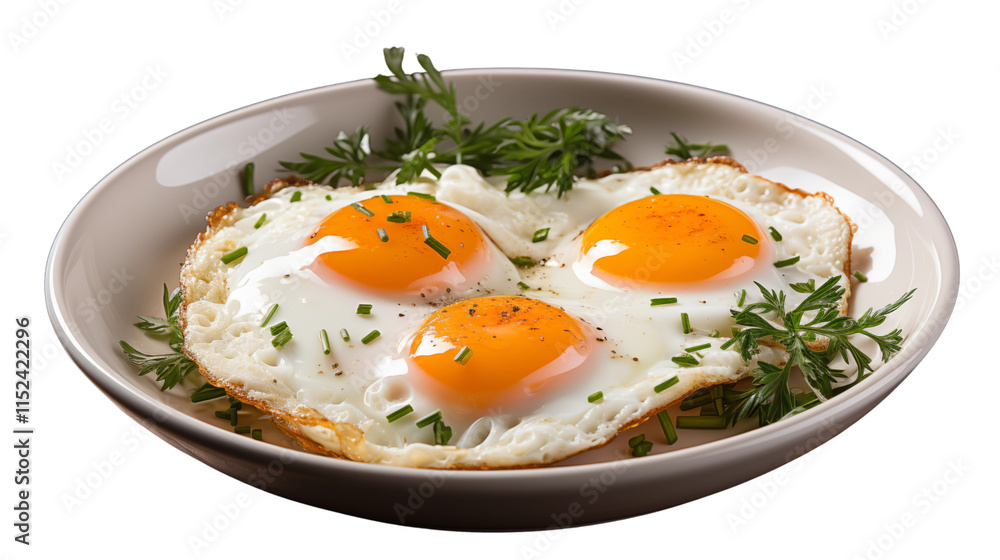 Crispy-edged fried egg on a pristine white plate, perfect for breakfast or a quick snack, studio view, isolated on transparent background. Crispy-edged fried egg on a pristine white plate, perfect for breakfast or a quick snack, studio view, isolated on transparent background.