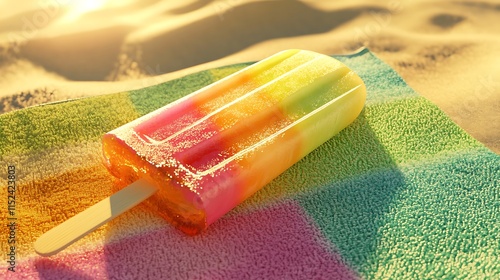 Colorful popsicle rests on a striped beach towel
