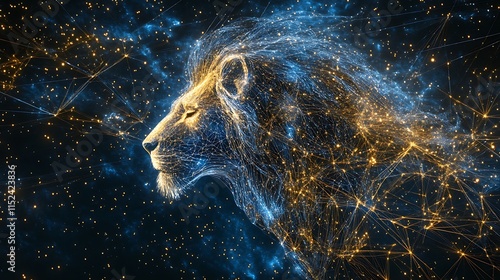 Digital golden lion framed with radiant starry cosmic mesh image photo