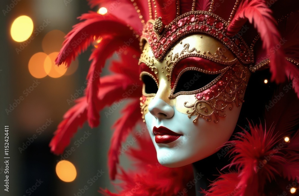 Bright red full-face venetian carnival mask with golden decorations and red feathers on bokeh background. Festivals, carnivals, mardi gras concept. Art concept Bright red full-face venetian carnival mask with golden decorations and red feathers on bokeh background. Festivals, carnivals, mardi gras concept. Art concept