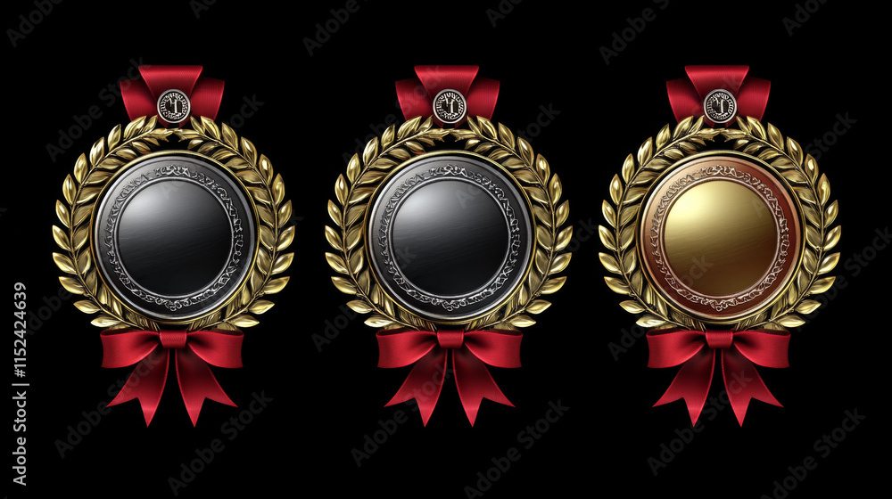 Gold, silver and bronze medal with laurel wreath pattern on red ribbon. Realistic 3d vector set of championship awards and trophy. glossy shiny round reward badge. Contest or tournament achievement. Gold, silver and bronze medal with laurel wreath pattern on red ribbon. Realistic 3d vector set of championship awards and trophy. glossy shiny round reward badge. Contest or tournament achievement.