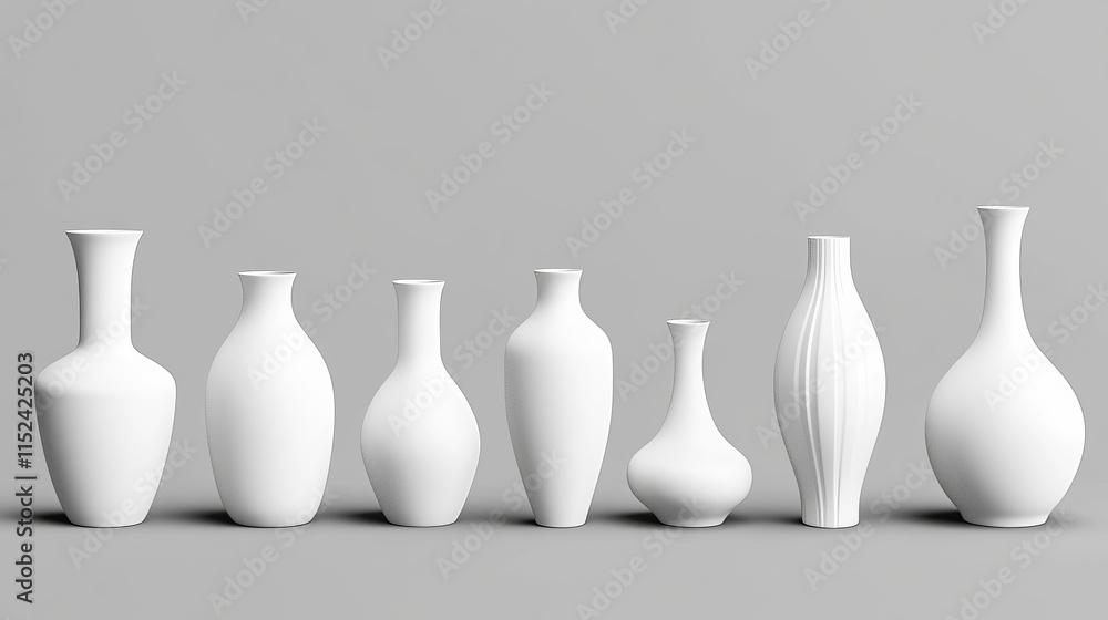 3D set of ceramic vases isolated on transparent background. Vector realistic illustration of white clay bottle, plastic cylinder urn, pottery jar with shadows, home interior design elements collection 3D set of ceramic vases isolated on transparent background. Vector realistic illustration of white clay bottle, plastic cylinder urn, pottery jar with shadows, home interior design elements collection