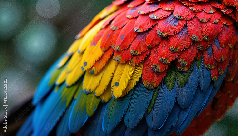 Fototapeta premium Close-up of a colorful parrot's feathers showcasing vibrant red, blue, and yellow hues