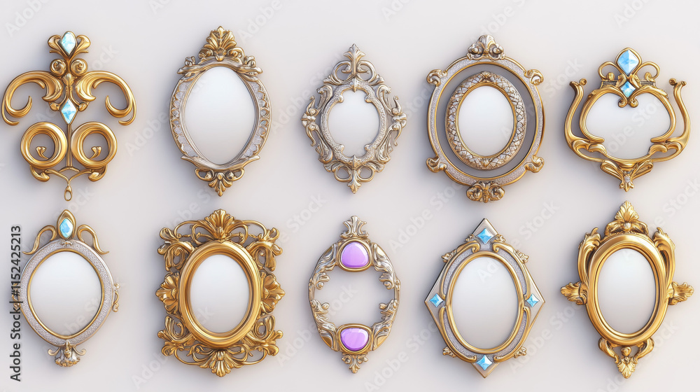 Medieval gold and silver game frames set isolated on background. Vector cartoon illustration of round, square metal buttons decorated with gemstones, medieval royal rank sign, user interface element Medieval gold and silver game frames set isolated on background. Vector cartoon illustration of round, square metal buttons decorated with gemstones, medieval royal rank sign, user interface element