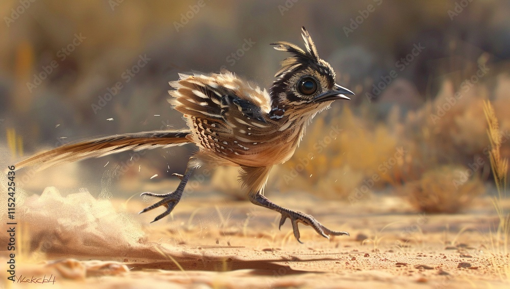 Naklejka premium A small brown and white bird with large eyes runs across a sandy ground, kicking up dust. The sun shines brightly on the bird's feathers.
