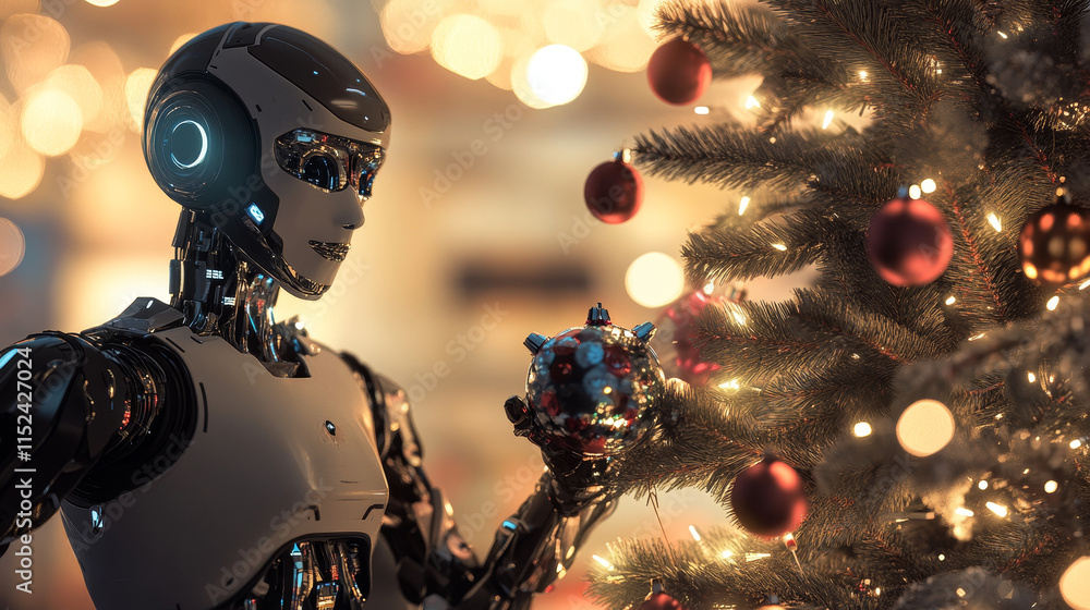 Artificial intelligence in image of female robot decorates Christmas tree in cyberspace. Christmas and New Year card in AI or artificial ingredients style. AI robot woman with neon Christmas tree. Artificial intelligence in image of female robot decorates Christmas tree in cyberspace. Christmas and New Year card in AI or artificial ingredients style. AI robot woman with neon Christmas tree.