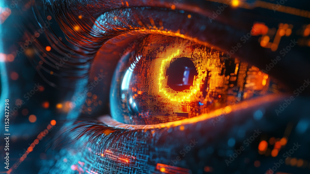 Abstract technology eye with a circle Power button with neon elements and circuit wires in electric blue. AI concept. Tech vision background. AI chip or abstract semiconductor bg. Vector illustration. Abstract technology eye with a circle Power button with neon elements and circuit wires in electric blue. AI concept. Tech vision background. AI chip or abstract semiconductor bg. Vector illustration.
