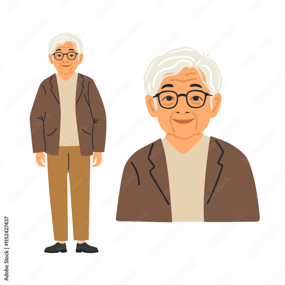 Asian senior cartoon character. Vector illustration of an elderly Asian man with a kind expression. He is wearing casual clothing with glasses. Asian senior cartoon character. Vector illustration of an elderly Asian man with a kind expression. He is wearing casual clothing with glasses.